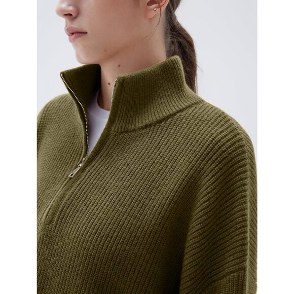 Women Olive Green Oversized Cashmere Collared Ribbed Long Sleeve Sweater - Picture 3 of 7